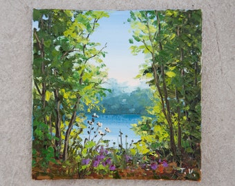 Forêt lac peinture à l'huile originale art arbres verts petit paysage peinture sur toile mini oeuvre d'art bleu boisé étang 6 "x 6"