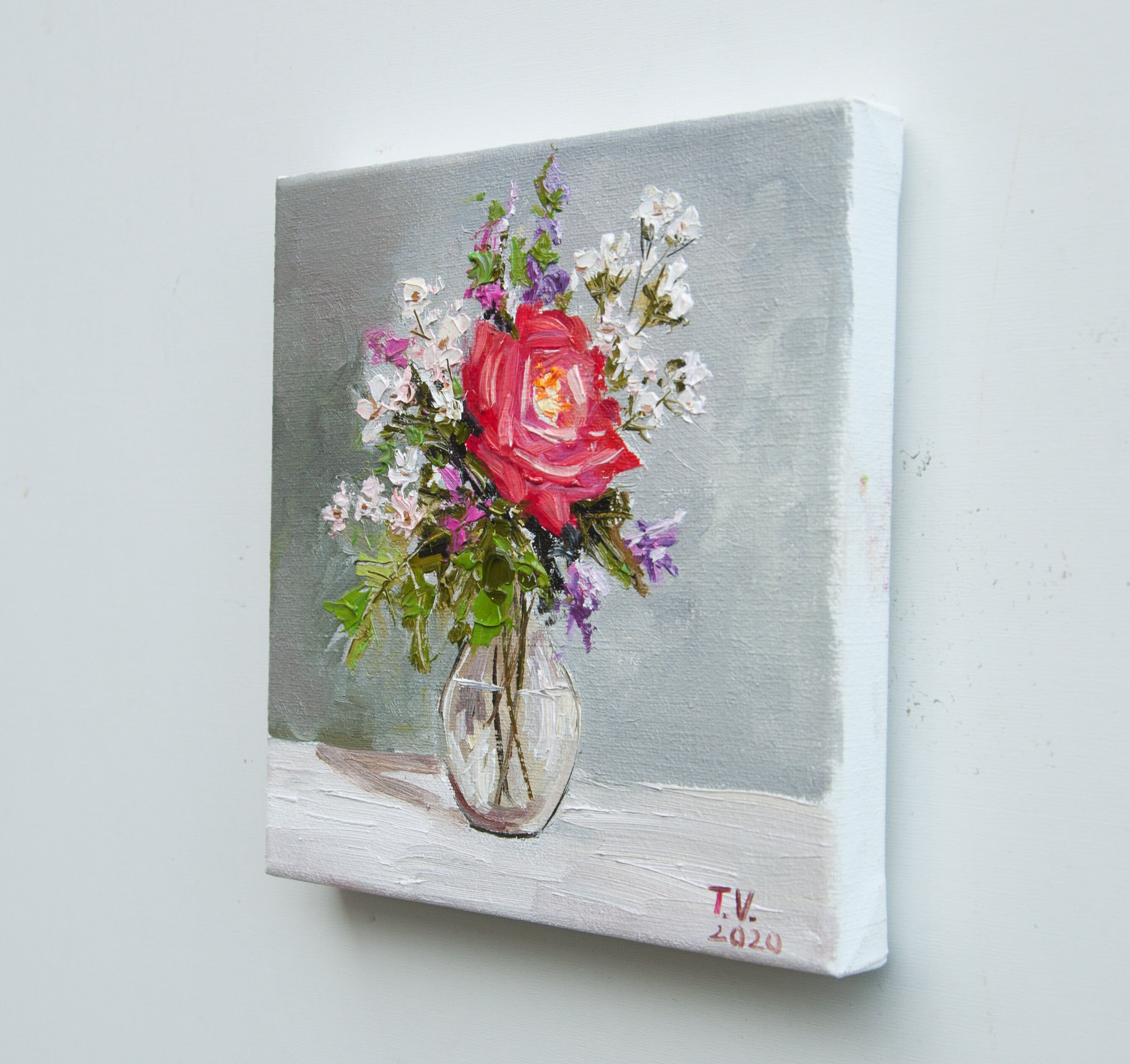 赤いバラと白い花の油彩画 花の油絵：赤いバラと白い花の静物画、8x8 - Etsy 日本