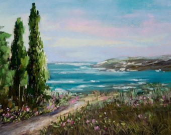 Seascape Painting Original Art Pastel Painting Coast Landscape Beach Ocean Painting Flowers And Green Trees On The Shore Artwork 6" x 9"