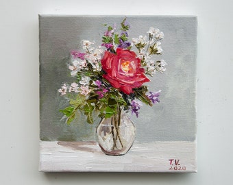 Floral Oil Painting Original Art : Red Rose White Flowers Still Life, Canvas Small Artwork 8x8
