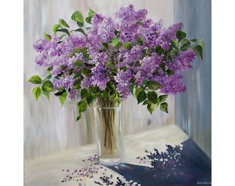Lilac Bouquet Oil Painting: Original Art Floral Still Life on Canvas (24" x 24")