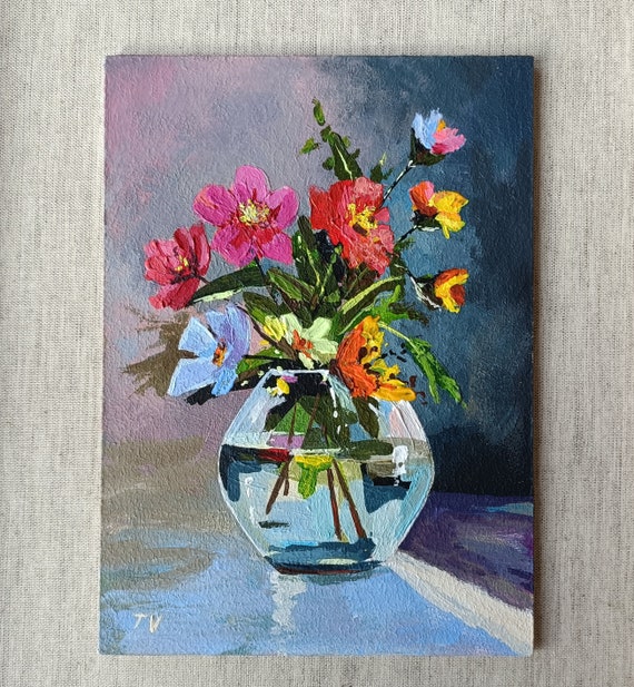 花の静物画：ミニチュアアクリル画、オリジナルアート 7 x 5インチ