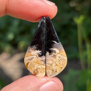 May include: A pair of matching teardrop-shaped cabochons featuring a distinct color split. The upper portion is a solid, glossy black, while the lower section displays a complex, swirling pattern of cream, tan, and light brown organic textures.