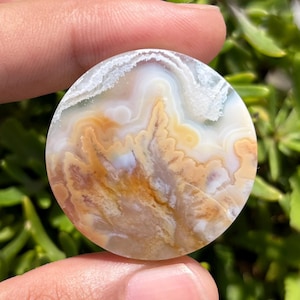 Könnte beinhalten: Ein runder, polierter Edelstein mit einem wirbelnden Muster aus weißen, cremefarbenen, orangefarbenen und braunen Farbtönen. Der Stein hat eine glatte Oberfläche und wird zwischen Fingern vor einem Hintergrund aus grünem Laub gehalten. Das Design ähnelt einer Landschaft.