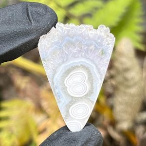 May include: A triangular agate slice featuring concentric white and translucent gray banding with a crystalline druzy edge. The stone displays a distinct pattern of two circular eye-like formations near the center, set against a pale, semi-translucent background.