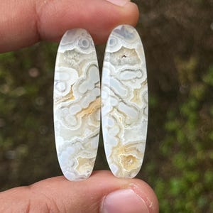 May include: Two polished, oval-shaped gemstones with a swirling pattern of white, gray, and tan colors. The stones are held up against a blurred green background, showcasing their natural beauty and unique veining.