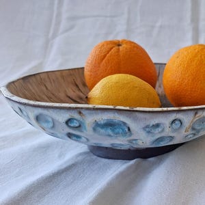 Può includere: Una ciotola in ceramica poco profonda con un esterno strutturato e punteggiato caratterizzato da uno smalto bianco e blu. L'interno ha una finitura marrone simile al legno. Nella ciotola ci sono due arance e un limone, con due limoni vicini.