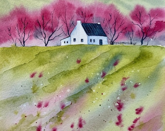 Illustration aquarelle originale Maison de campagne anglaise au printemps, arbres en fleurs, peinture à l'aquarelle, maison de campagne blanche, cerisiers