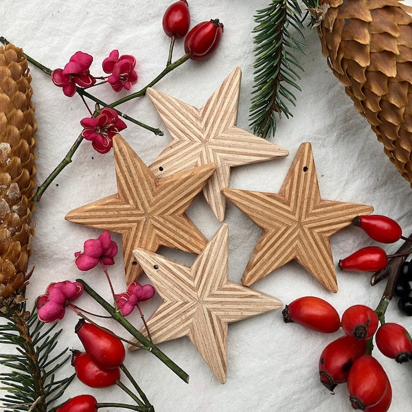 original handmade plywood christmas stars, minimalist scandinavian design, wooden decoractions, christmas tree ornaments