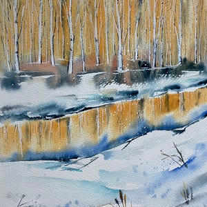 Original Watercolor Painting of a Birch Forest in Snow, Winter ...