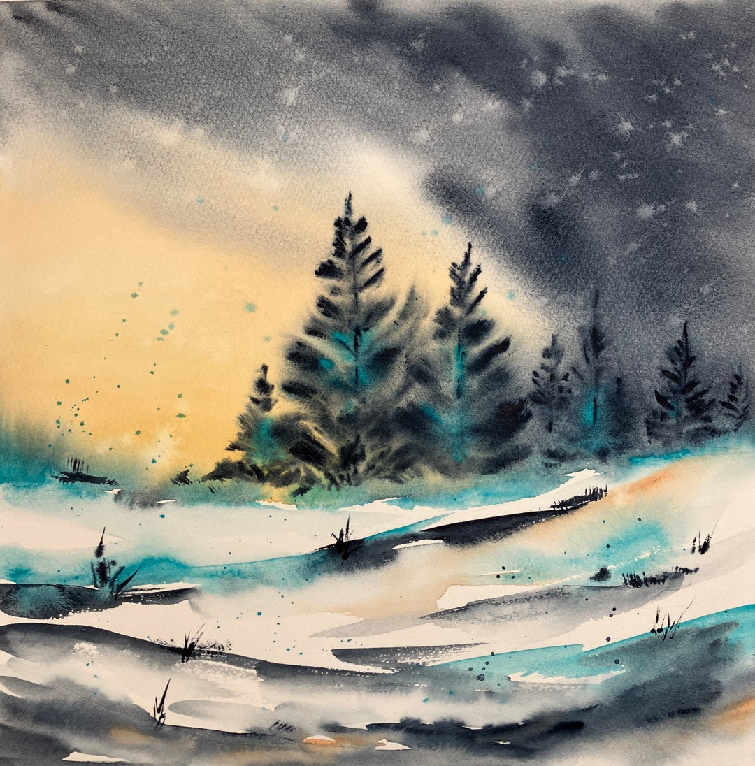 Original Watercolor Painting, Winter Landscape, Pine Trees in Snow ...