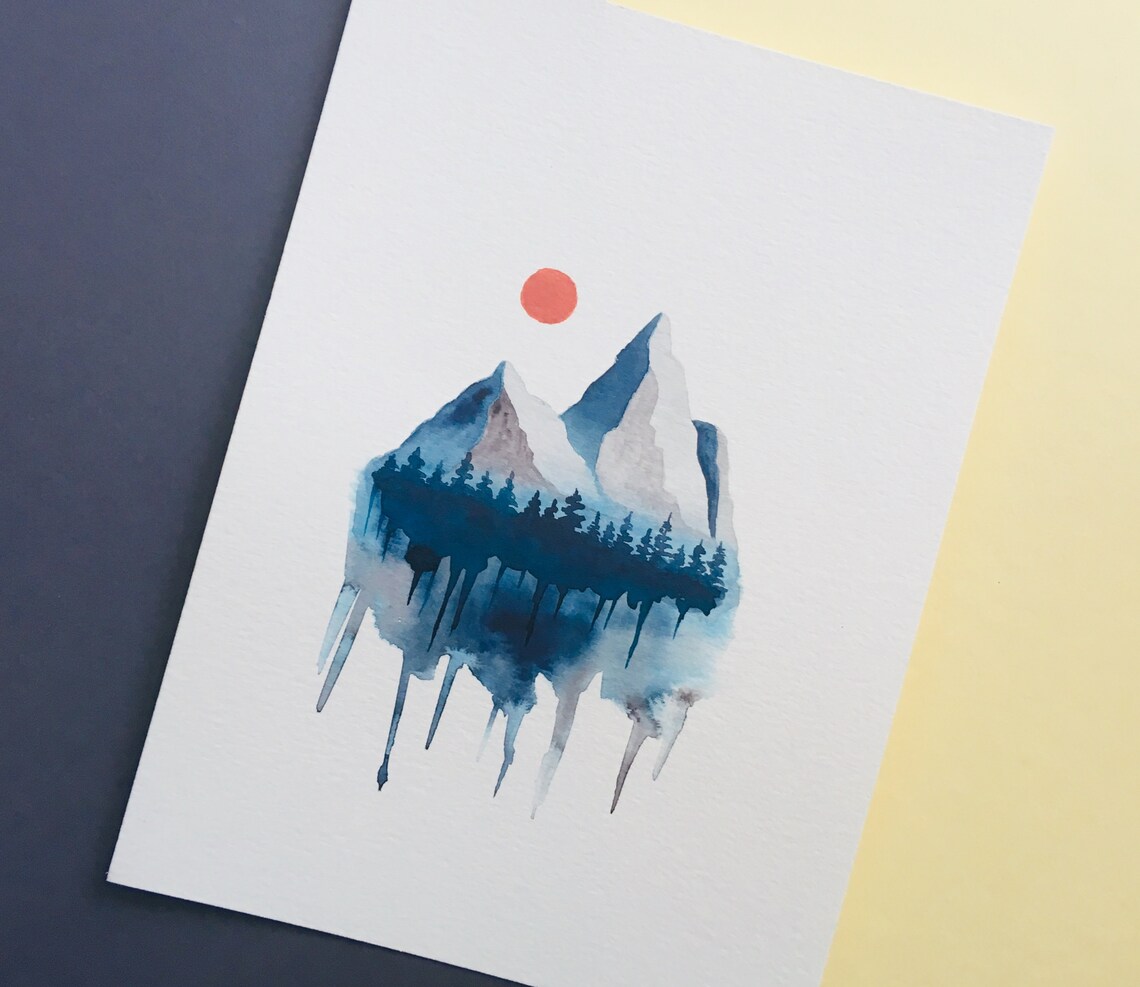 Original Watercolor Painting Geometric Abstract Mountains With Etsy