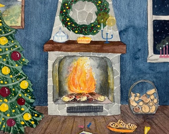 Original Christmas illustration, mixed media, watercolor, pencils, gouache, cozy winter holidays, fireplace, Christmas tree, naive art