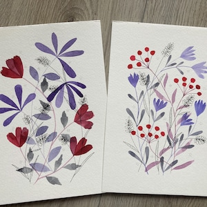 Satz von original Mixed-Media-Kunstwerke, Aquarell, Stift Zeichnung, Aquarell Blumen, moderne Blumen-Design, Wand-Dekor, abstrakte Sommerwiese