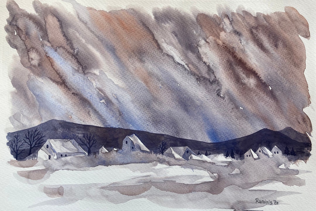 Original Watercolor Painting of a Dramatic Sky Over Small Village ...