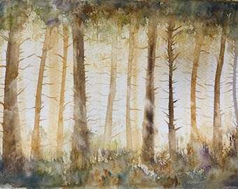 pintura original de la acuarela - luz de la mañana en el bosque, naturaleza, mañana en el bosque, árboles en la luz, obras de arte originales, decoración de la pared