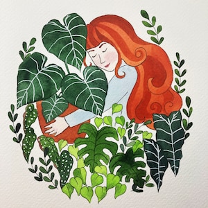 Illustrazione ad acquerello originale, ragazza carina con piante, piante d&#39;appartamento, signora delle piante pazza, monstera deliciosa, philodendron gloriosum, artwok