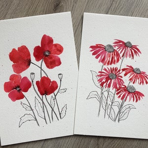 Satz von original Mixed-Media-Kunstwerke, Aquarell, Stift Zeichnung, Aquarell Blumen, modernes Design, Wand-Dekor, wilde Mohnblumen, Kornblume