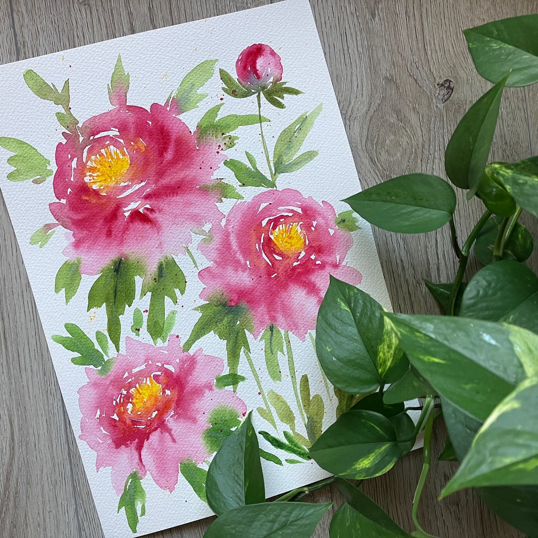 Original Watercolor Painting of Pink Peonies, Loose Watercolor Art ...