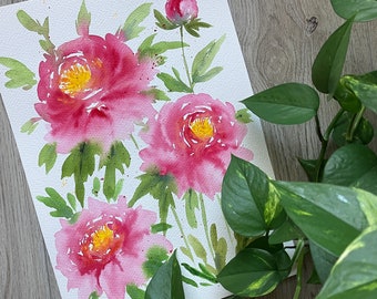 Original watercolor painting of pink peonies, loose watercolor art, abstract flowers, florals, original wall art, artwork, nature, decor