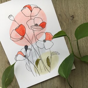 Original Kunstwerk - wilde Mohnblumen, Mischtechnik Aquarell und Zeichnung minimal Kunst, botanisches Kunstwerk, Natur, Blätter Zeichnung, moderne Kunst