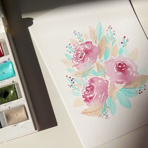 original watercolor painting of gentle loose roses and leaves, floral motive, flowers, bloom, soft, artwork