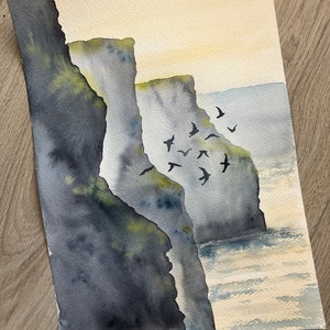 Original watercolor painting of Cliffs of Moher, Ireland, watercolor landscape, seascape, nature, Irish scenery,flock of birds,foggy cliffs