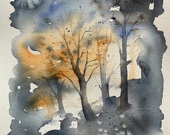 Pintura original de acuarela de un bosque semi abstracto en la luz cálida, bosque brumoso, árboles, bosques, paisajes de acuarela, paisajes