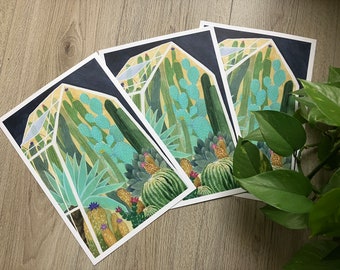 Print of my original illustration of greenhouse with cacti, cactus drawing, cute botanical illustration, plants