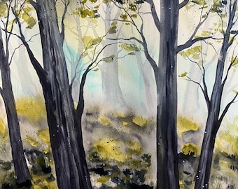 Original watercolor painting, trees, forest in spring, misty forest, watercolor landscape, spring scenery, original artwork