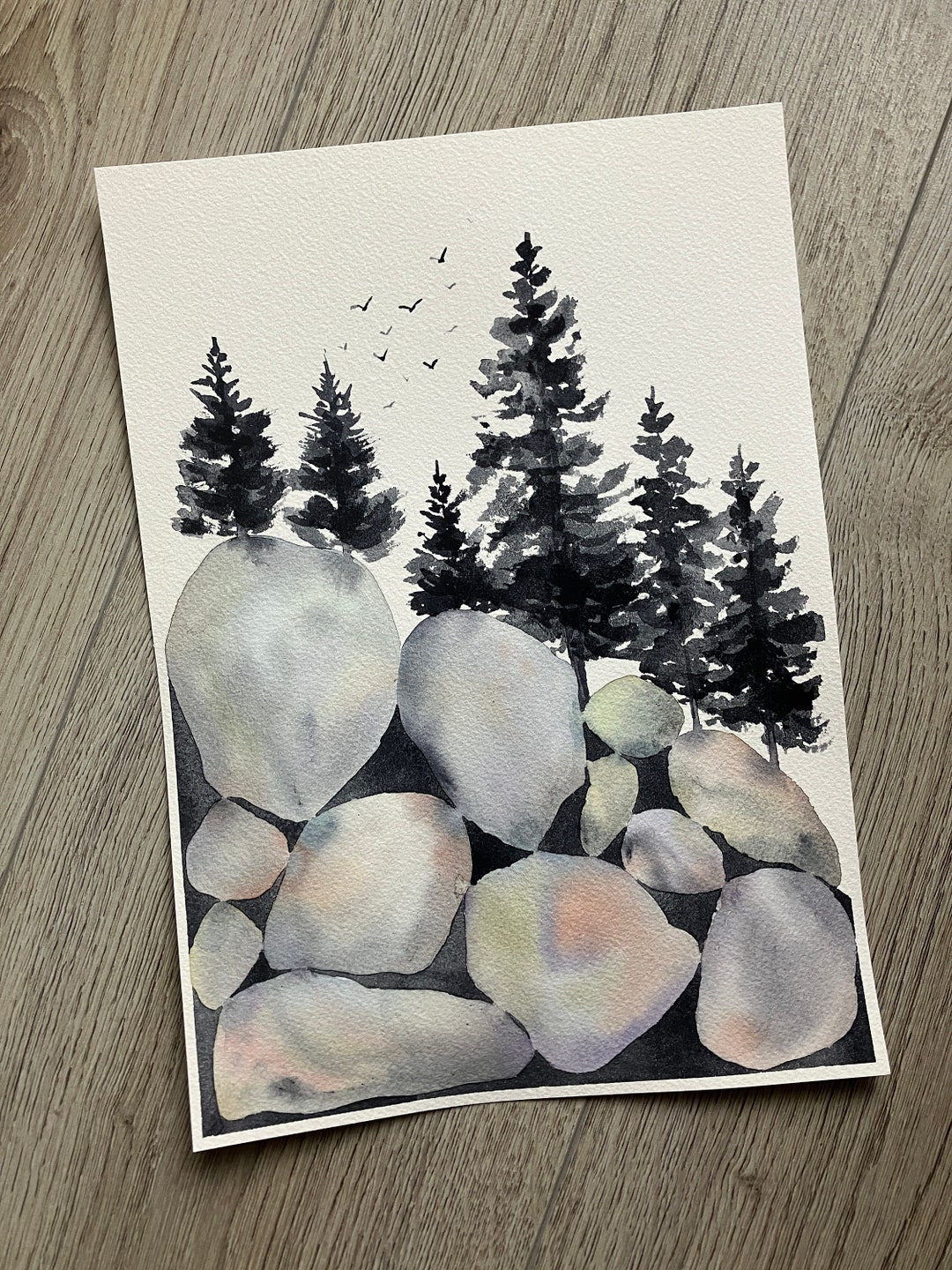 Watercolor Abstract Rocks Original Watercolor Painting, Abstract Trees and Rocks, Semi-abstract ...
