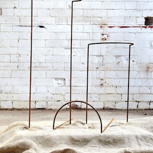 May include: Two rustic metal plant stands, one taller than the other, with curved tops. The stands are made of thin, rusted metal and are sitting on a hessian surface.