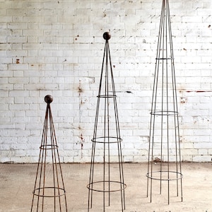 May include: Three black metal garden obelisk plant supports of varying heights. The obelisks are made of thin metal rods and have a round top. The obelisks are standing on a concrete floor in front of a white brick wall.