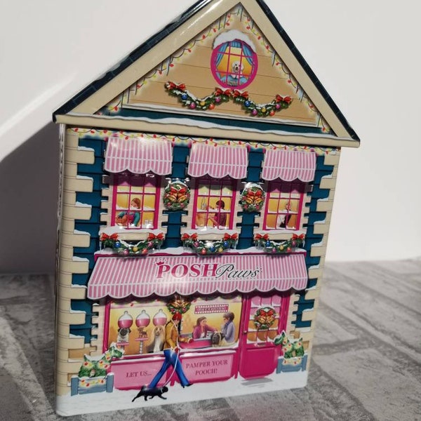 Harry London Embossed Christmas Village Tins - Various Designs - Chocolate Shop, Posh Paws, Post Office, Town Library, Village School