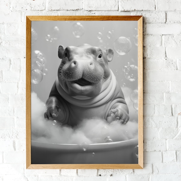 Bathroom Art Print, Adorable Hippo in Tub Printable Wall Art, Black And White Print, Hippo Photo, Bathroom Decor, Digital Download