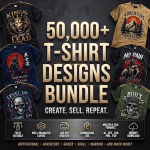 May include: A digital collection of 50,000+ t-shirt designs featuring various graphic themes including a lion, samurai, mountain landscape, warrior, skull with headphones, and skull with tools, with the text 50,000+ T-SHIRT DESIGNS BUNDLE.