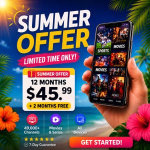 Może przedstawiać: Obraz promocyjny z tekstem „OFERTA LATO” i „TYLKO PRZEZ OGRANICZONY CZAS!”. Ręka trzyma smartfon wyświetlający interfejs usługi streamingowej ze sportem i filmami. Oferta obejmuje 12 miesięcy za 45,99 $ plus 2 miesiące gratis.