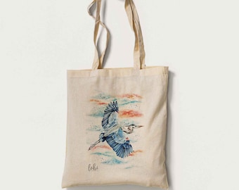 Watercolour Blue heron & sunset sky cotton tote bag