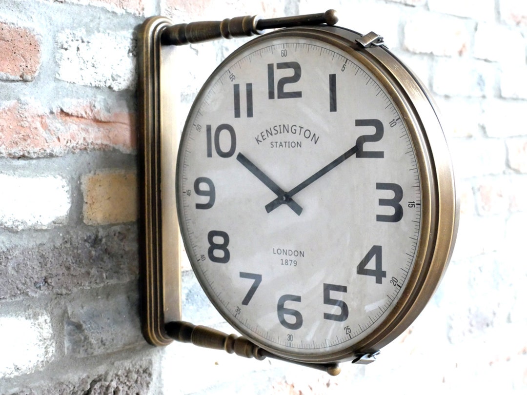 Double Sided Wall Clock on Bracket Aged Brass Finish Large Etsy UK