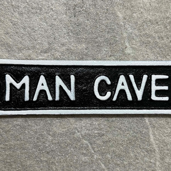 Man Cave Sign Cast Iron Shed Den Plaque Hand Painted 22cm Wide Rustic Finish