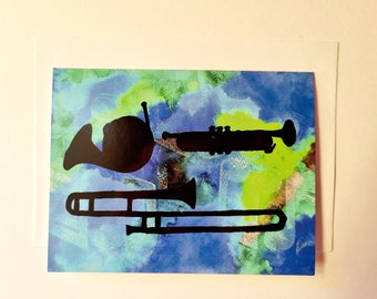 Brass Trumpet Trombone French Horn Watercolour Greeting Card