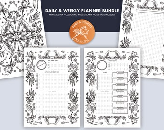 May include: Printable daily and weekly planner bundle featuring a black and white floral design with hummingbirds. The planner includes a coloring page and blank notes page. The text "Birds & Flowers Edition" is displayed on a circular orange background.