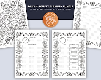 May include: Black and white printable planner pages with floral borders. The pages include sections for weekly goals, to-do lists, appointments, and notes. The title of the planner is "Daily & Weekly Planner Bundle" with the words "Peonies & Roses Edition" in a circle.