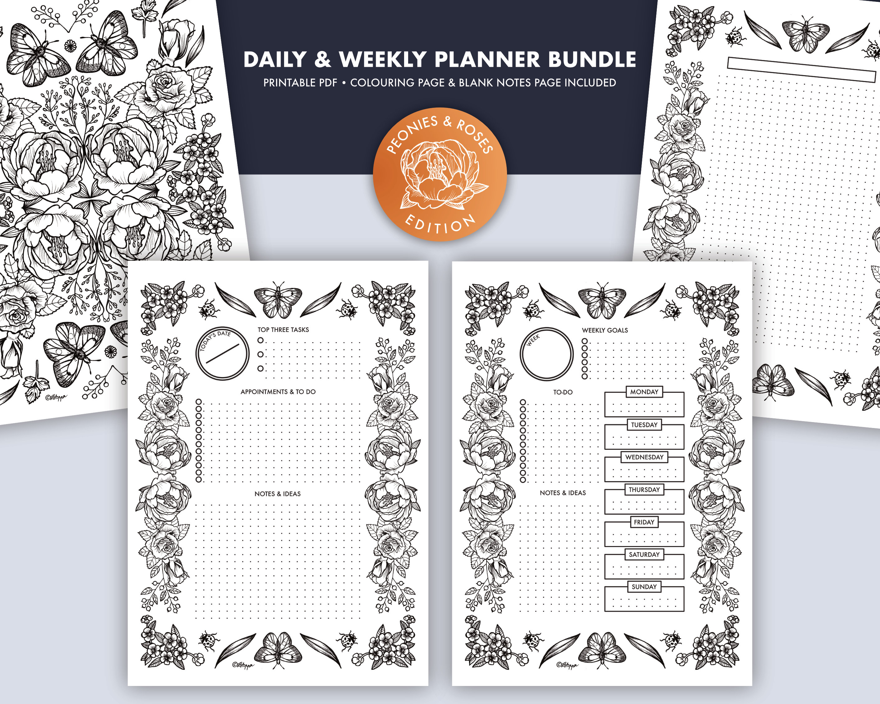 Daily Planner & Weekly Planner | Printable Planner Bundle | Peonies and ...