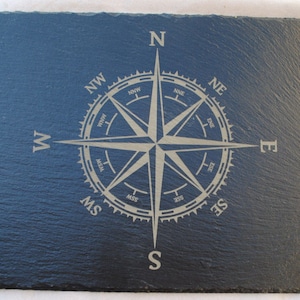 Könnte beinhalten: Eine rechteckige, dunkelgraue Schiefertafel mit einem Kompassrosen-Design, das in einem helleren Grau geätzt ist. Die Kompassrose zeigt Richtungsanzeigen wie N, S, E und W sowie Zwischenpunkte. Der Schiefer hat eine strukturierte Oberfläche.
