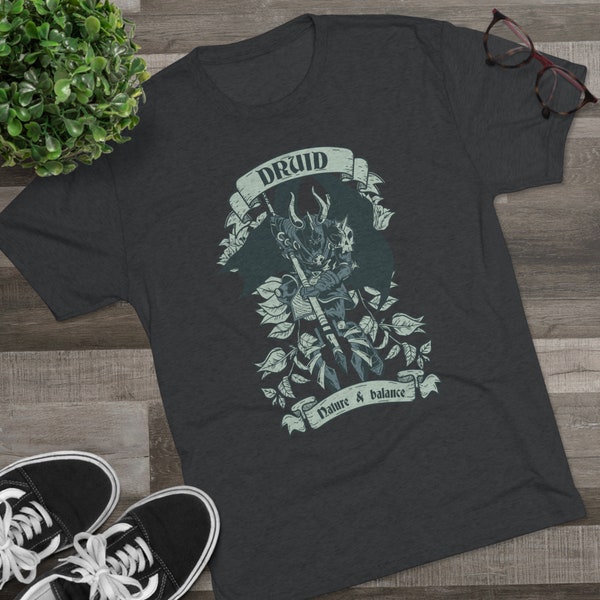 Druid DnD T-Shirt, Dungeons and Dragons Tri-Blend Graphic Tee Shirt, TTRPG D20 Unisex Short Sleeve Crew Neck, Geek Gift for Him Her