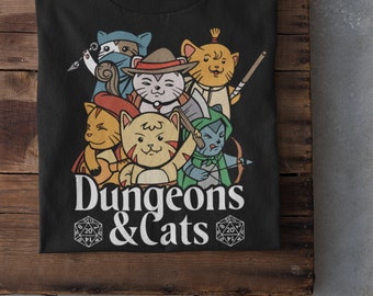 Dungeons and Cats T-shirt by Eldritch Curiosities | Funny Meme DnD Unisex Shirt | Dragons Graphic Tee Fantasy TTRPG | Geek Gifts for Him Her