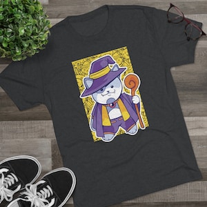 Zauberer Katze DnD T-Shirt, Dungeons und Dragons Tri-Blend Graphic T-Shirt, TTRPG D20 Unisex Kurzarm Rundhalsausschnitt, Geek Geschenk für Ihn Sie