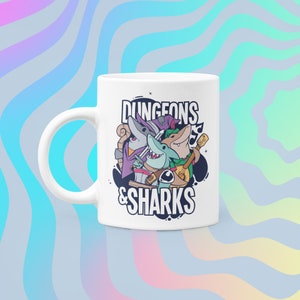 DUNGEONS AND SHARKS Mug | Dungeons and Dragons Funny Meme DnD Drinking Cup Coffee Tea | Graphic Fantasy ttrpg | Geek Gifts for Him Her