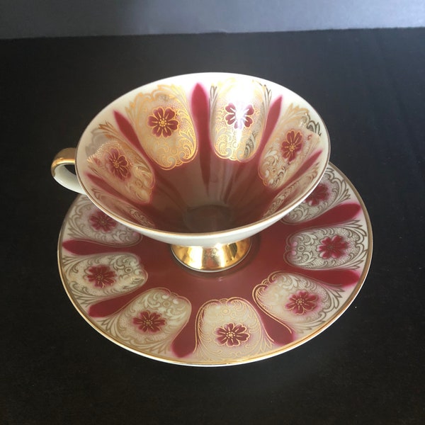 Vintage Red and Gold Bavaria China Cup and Saucer, 034 Barvaria China Teacup and Saucer, Red and Gold China, Red Bavarian China